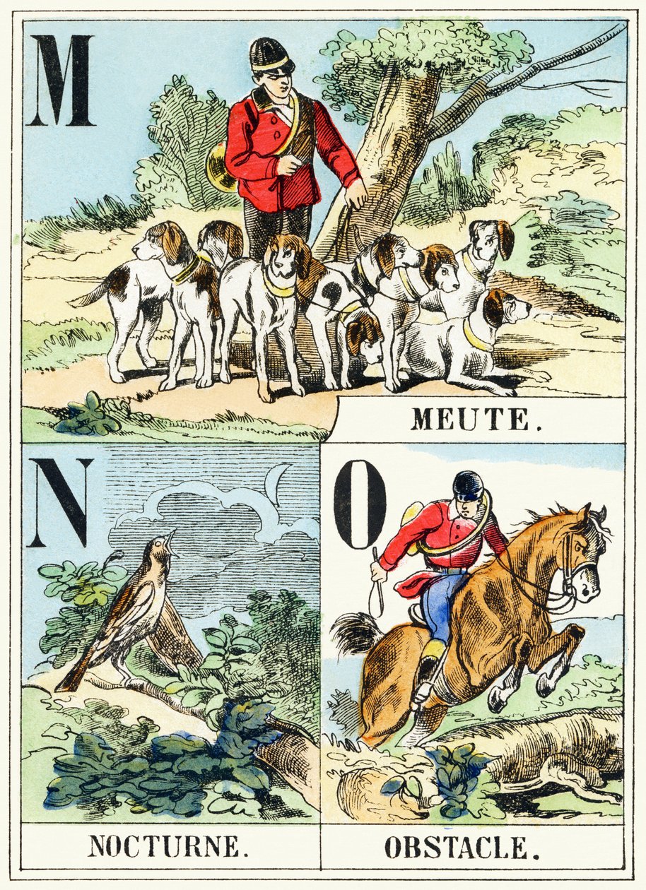 M N O : Meute, Nocturne, Obstacle - The Hunting Alphabet, c.1890 (rytina) od Unbekannt