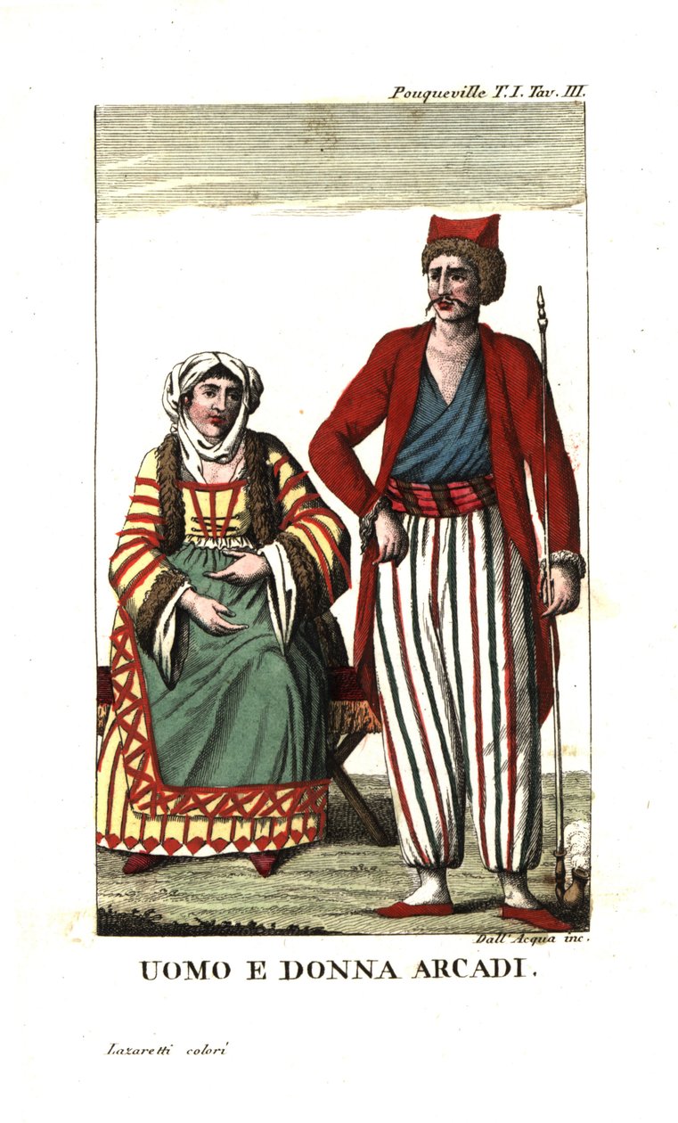 Muž a žena z Arkádie, Peloponés, Řecko. Ilustrace z knihy Francois Pouquevilleõs Travels through More, Albania and several other parts of the Ottoman Empire. od Unbekannter Künstler