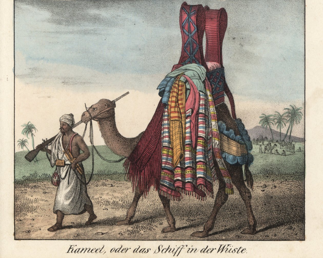 Muž ze severní Afriky, zbraň z muškety, který veze velblouda s nákladem přikrývek. Litografie pro knihu: "Friedrich Wilhelm Goedsche (1785-1863), vydání Míšeň (Německo). od Unbekannter Künstler