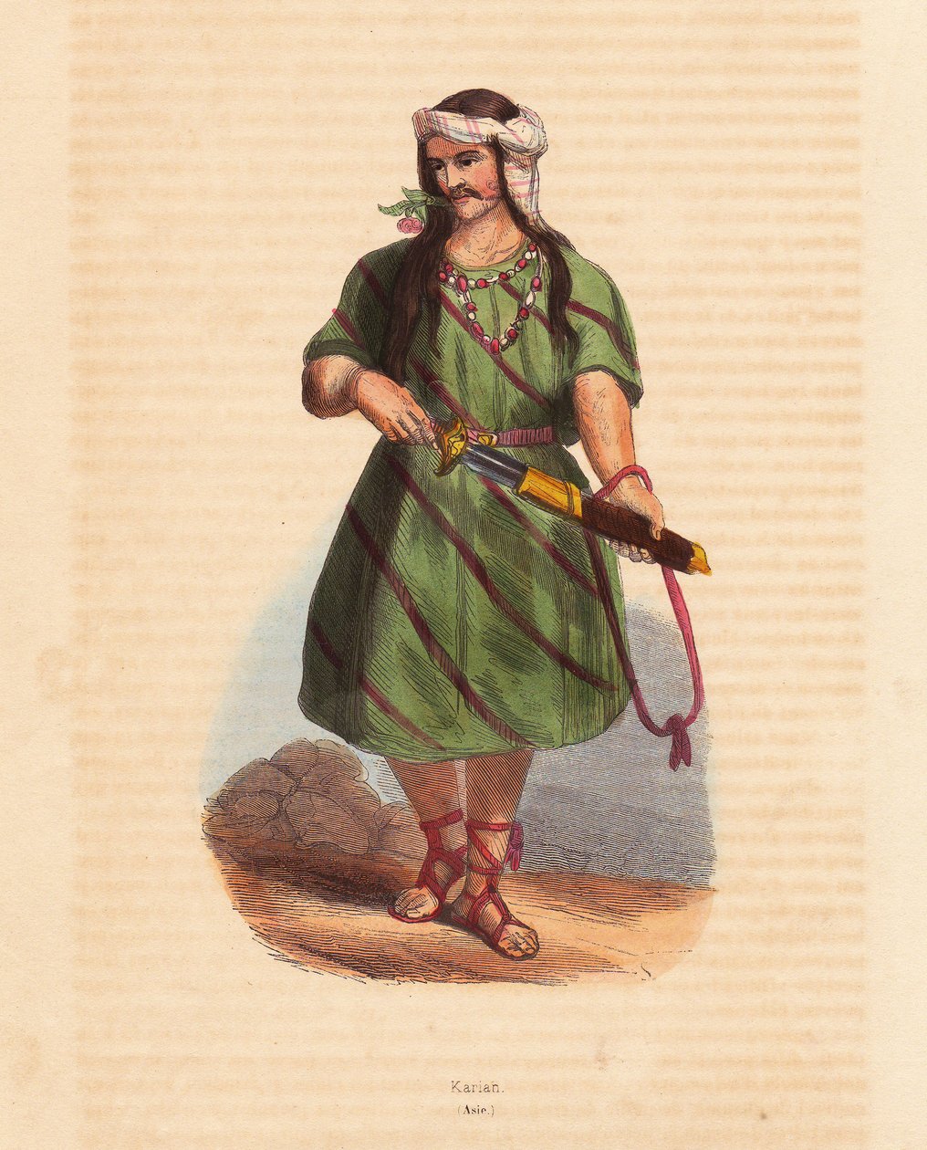 Muž z kmene Karenů (Karene nebo Karyang) (Barma, Myanmar) - Muž z kmene Karenů (Karianů) v jižní Barmě - ručně kolorovaný dřevoryt z knihy "Mores, Uses et Costumes de tous les Peoples du Monde, Asia" od Auguste Wahlena, pseudonym Jean Francois Nicol od Unbekannter Künstler