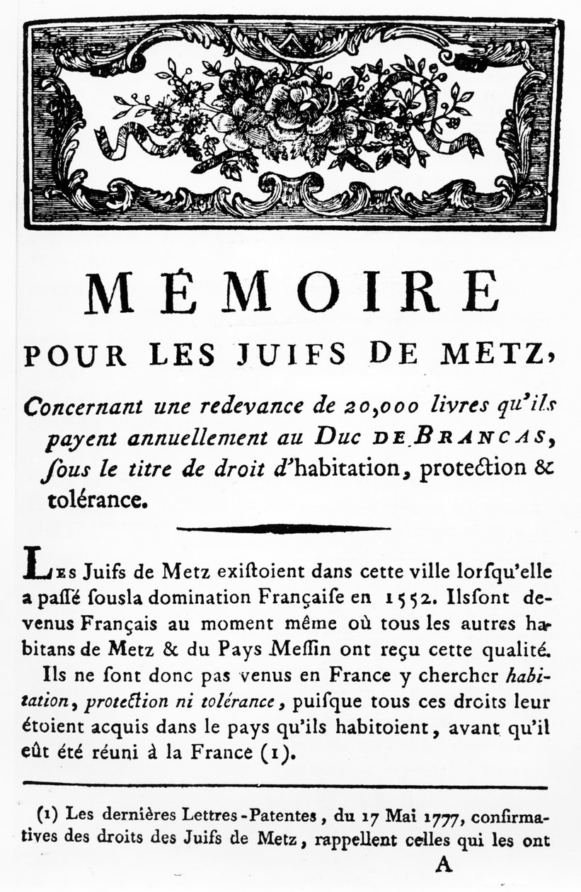 Manifest na podporu Židů z Metz podporující odstranění daně, kterou mají Židé platit vévodovi z Brancas, kolem roku 1790 (tištěný papír) od Unbekannt