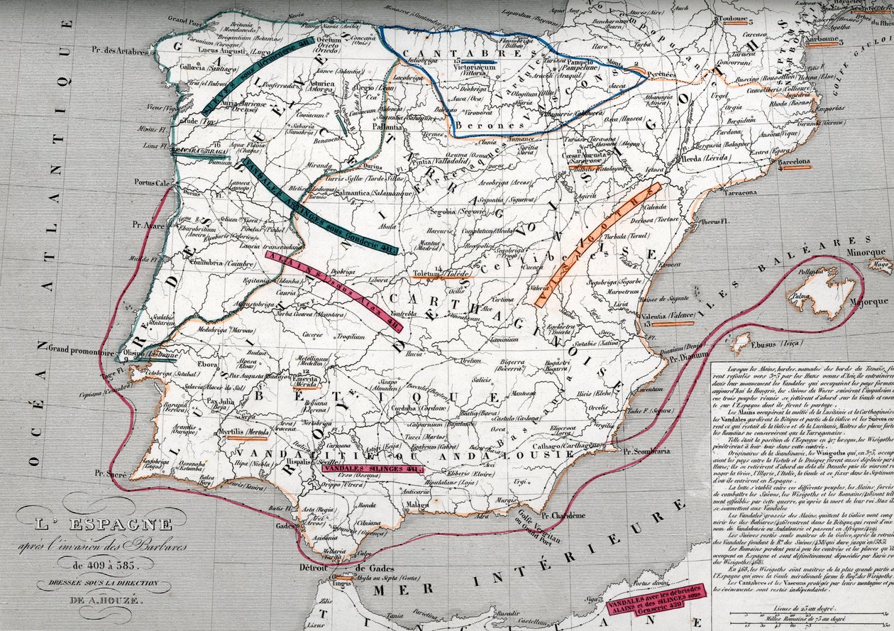 Mapa Hispánie v době germánské Hispánie, 409-585 (Map of Spain at the times of Germanic Hispania) Rytina z Houzova "Atlas Universel" od Unbekannter Künstler