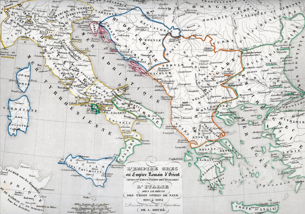 Mapa Byzantské říše v době okupace Bulharska a Itálie za vlády císařů Oty I., Oty II. a Oty III. od Unbekannter Künstler