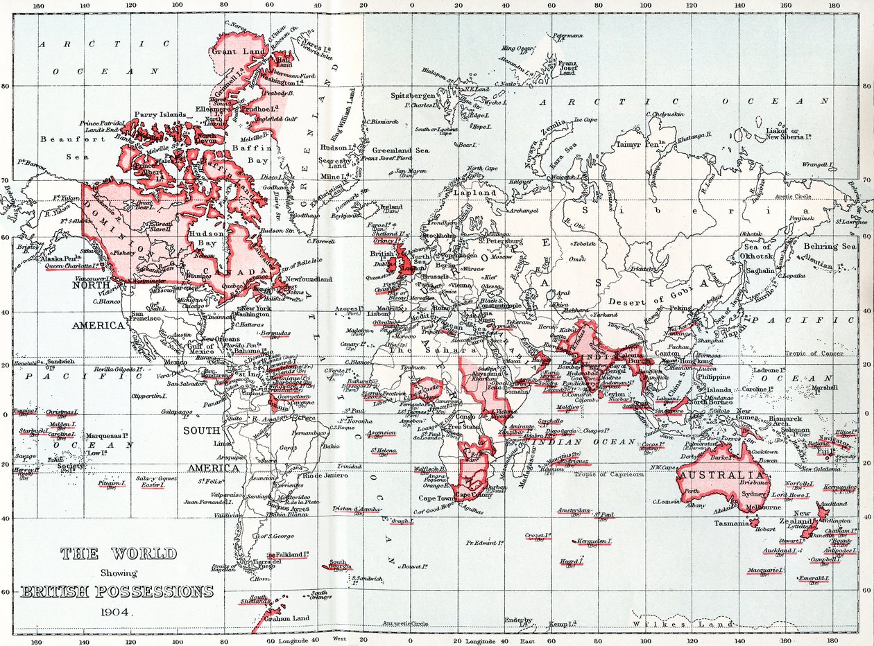 Mapa světa zobrazující britský majetek v roce 1904. od Unbekannt