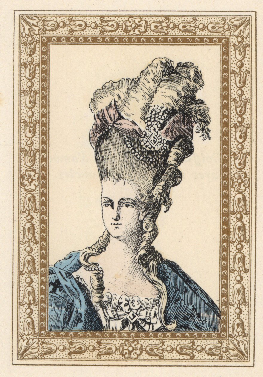 Marie Antoinetta, manželka francouzského krále Ludvíka XVI., ve složitém účesu korunovaném stuhami a perlami od Unbekannter Künstler