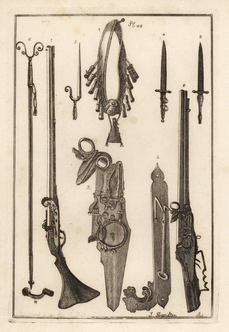 Matchlock mušketa, zámek a bajonet z Tower of London 1-3, bajonet 4, opěrka muškety a bajonet 5, opěrka muškety 6, bandileers a prachovka 7, zámek kola 8,9 a klíč 10 od Unbekannt