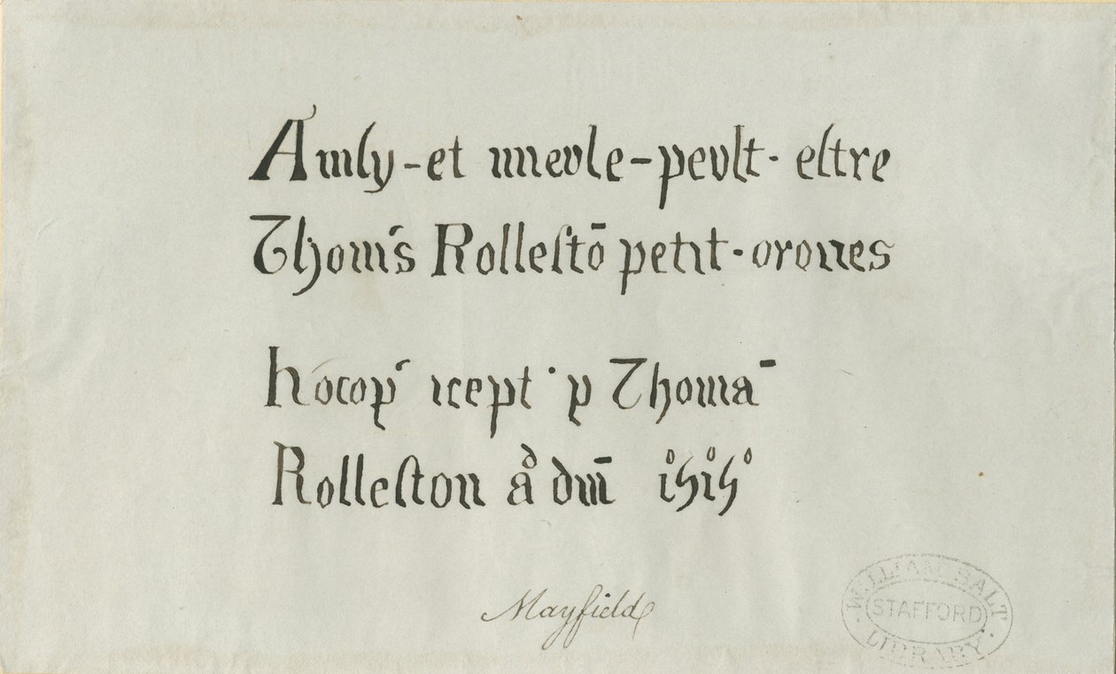 Mayfield Church – Nápis Thomasu Rollestonovi: kresba perem, nd [? 18. století] od Unbekannt