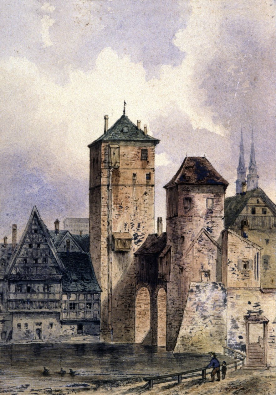 Středověké město na Rýně, asi 1850-1900 (akvarel) od Unbekannter Künstler