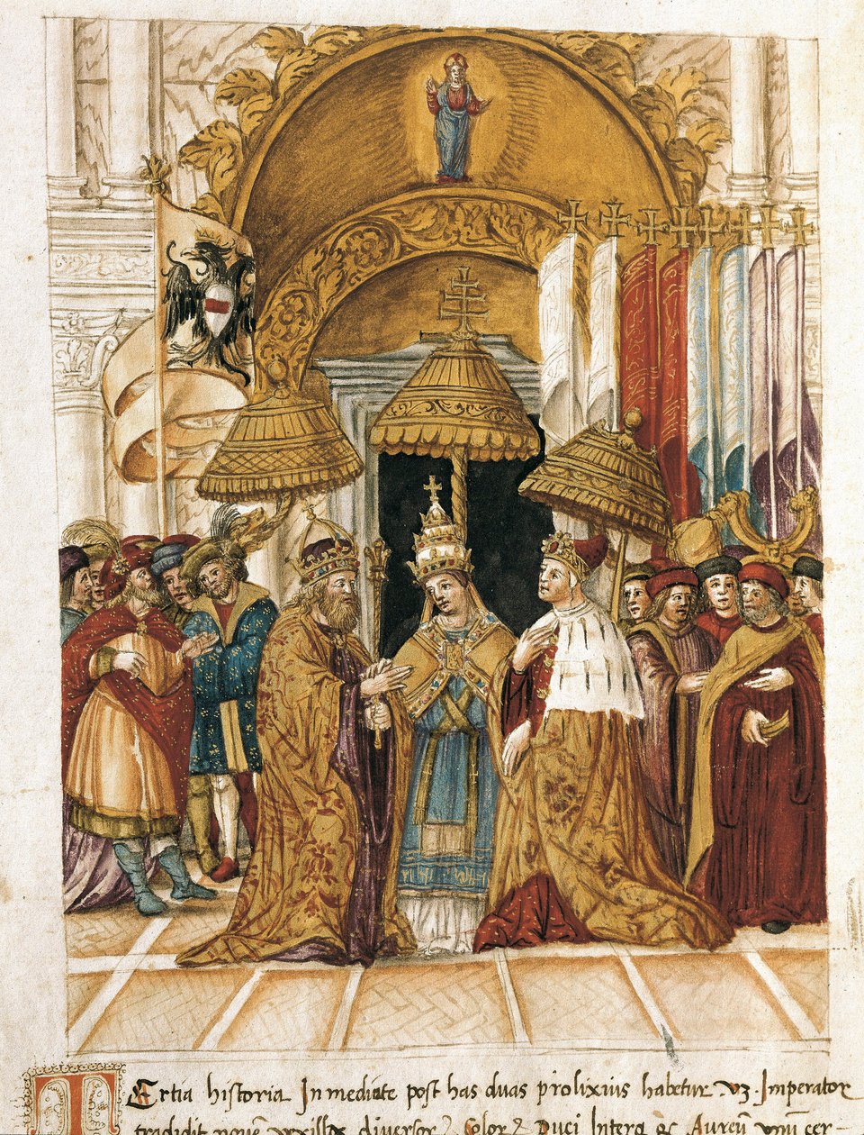 Setkání Fridricha Barberossy (Federica Barbarossy) s papežem Alexandrem III. (Alexandrem, Alessandrem III.) (1105-1181) v Dóžecím paláci v Benátkách v roce 1177. od Unbekannter Künstler