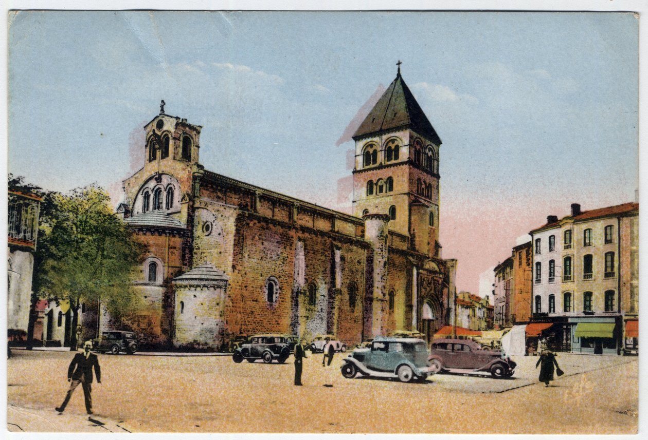 Midi Pyrenees, Haute-Garonne (31), Saint Gaudens (Saint-Gaudens): vnější pohled na kolegiální kostel svatého Petra a Saint Gaudens (Saint-Pierre a Saint-Gaudens) - pohlednice z roku 1951 od William M. Timlin