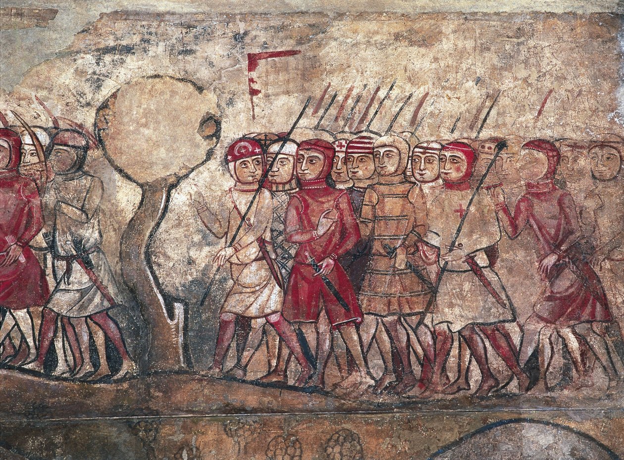 Vojenské shromáždění, jemuž předsedal král Jakub I. Aragonský, známý jako Dobyvatel, freska v Palau Reial Major, Barcelona od Unbekannter Künstler
