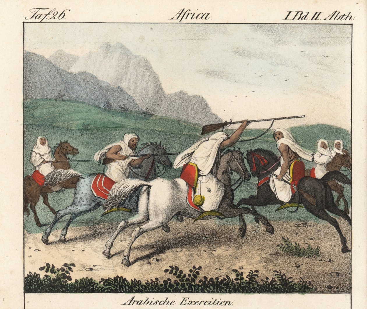Vojenské cvičení, nástup arabských jezdců. Litografie pro knihu: "Friedrich Wilhelm Goedsche (1785-1863), vydání Míšeň (Německo). od Unbekannter Künstler