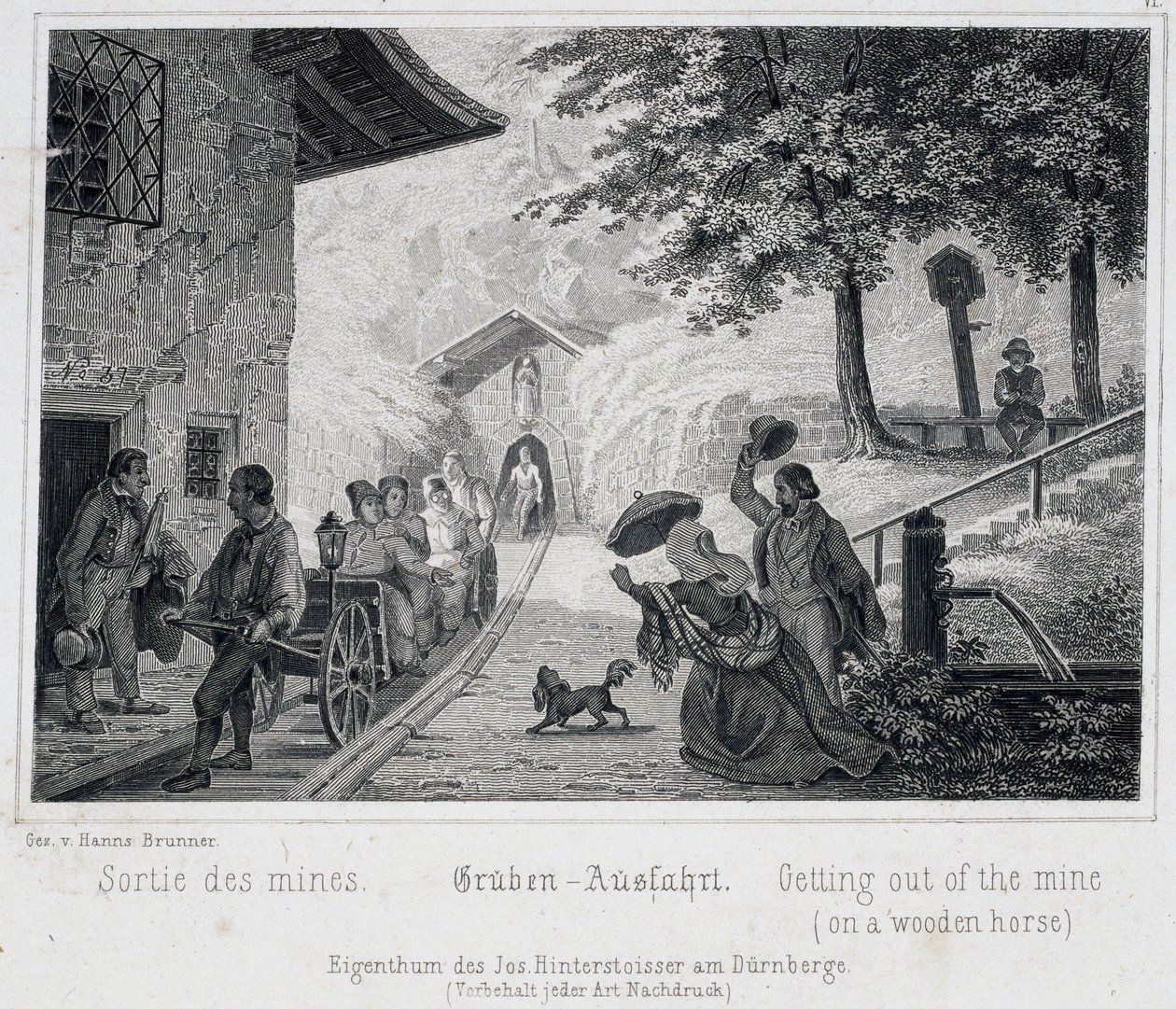 Solný důl: výjezd turistů z dolu na dřevěném vozidle taženém po kolejích, v rakouském Durrnburgu, kolem roku 1850 od Unbekannt