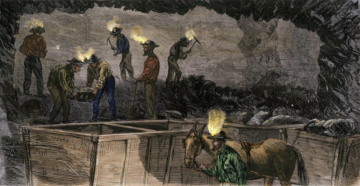 Horníci kopající v dole a nakládající uhlí do malých vozíků poháněných mulami v Pensylvánii. Kolorovaná rytina z roku 1860. od Unbekannter Künstler