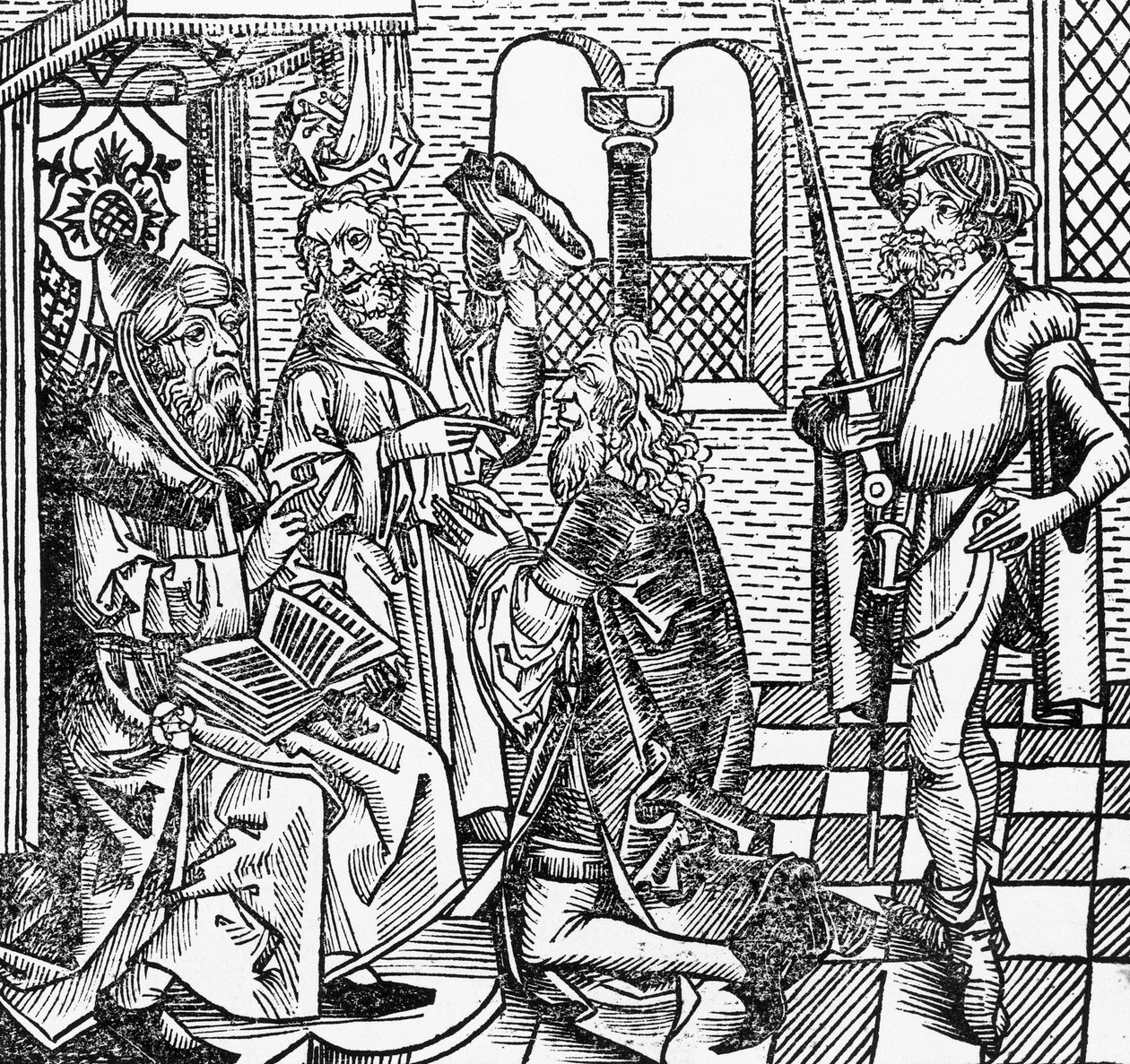 Mohammed u dvora, německý dřevoryt, z Norimberské kroniky (Liber Chronicarum) od Hartmanna Schedela od William M. Timlin