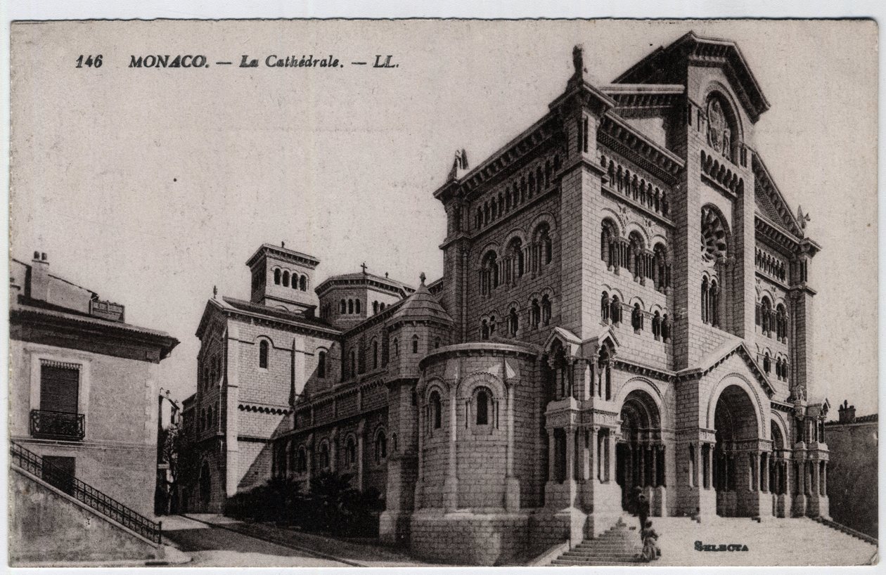 Monako: vnější pohled na Cathedrale Notre Dame Immaculee (Notre-Dame-Immaculee) - pohlednice z konce 19.-20. od William M. Timlin