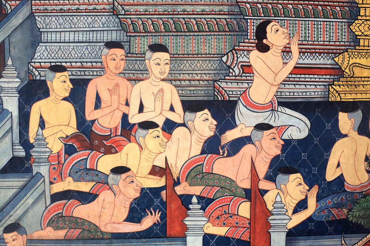 Mniši. Detail nástěnné malby na vnitřních stěnách Vihary z doby krále Rámy III zobrazující Rámakien. Wat Pho - Wat Phra Chetuphon. 1788. Bangkok. Thajsko od Unbekannt