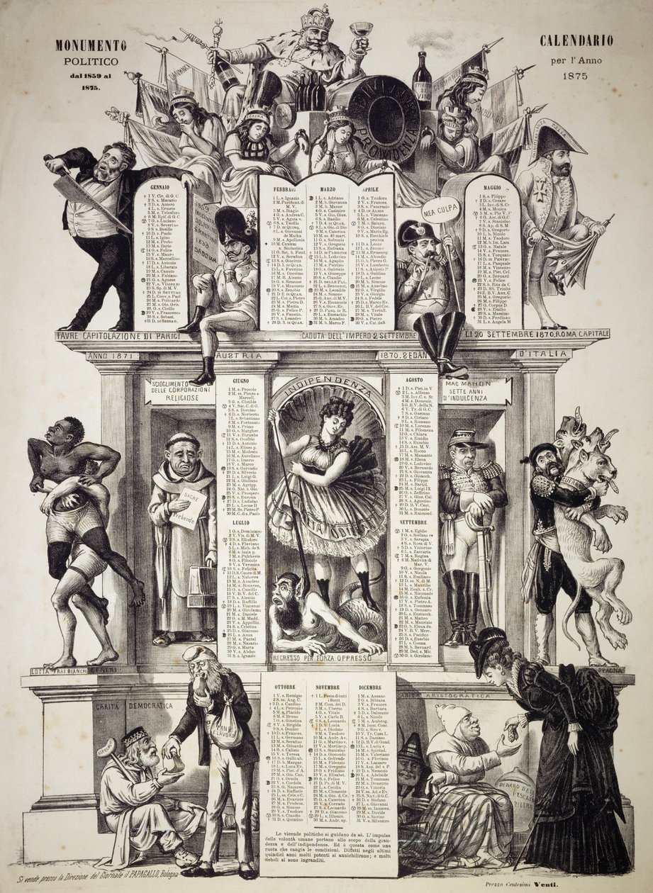 Monumentální politický kalendář, rok 1875, od Giorgia Ansaldiho, známého také jako Dalsani (1844-1922), vlevo dole, ručně psaný nápis Grossi Augusto, zakladatel satirických novin Il Pappagallo (Papoušek), Itálie od William M. Timlin
