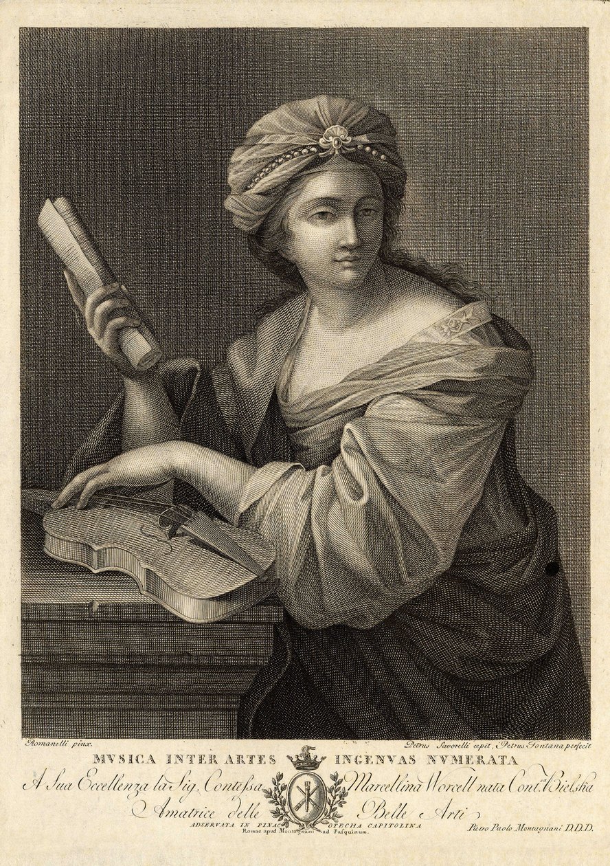 Musica inter artes ingenua numerata, Rytina Pietra Savorelliho podle obrazu Giovanniho Francesca Romanelliho, barokního malíře 18. století. od Unbekannter Künstler