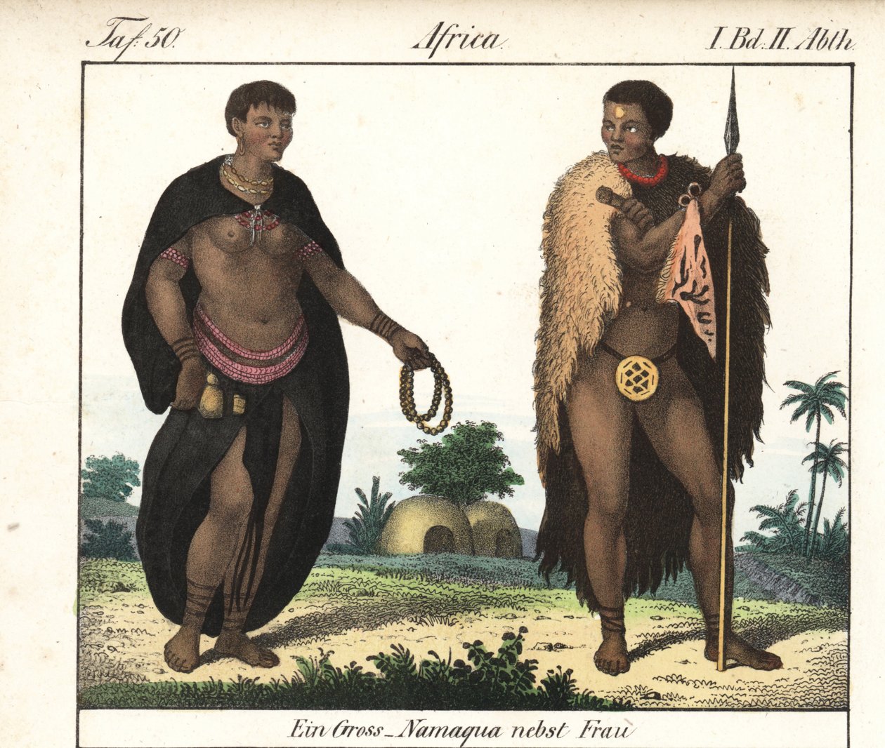 Pár Nama (Jihoafrická republika). Litografie pro knihu: "Friedrich Wilhelm Goedsche (1785-1863), vydání Míšeň (Německo). od Unbekannter Künstler