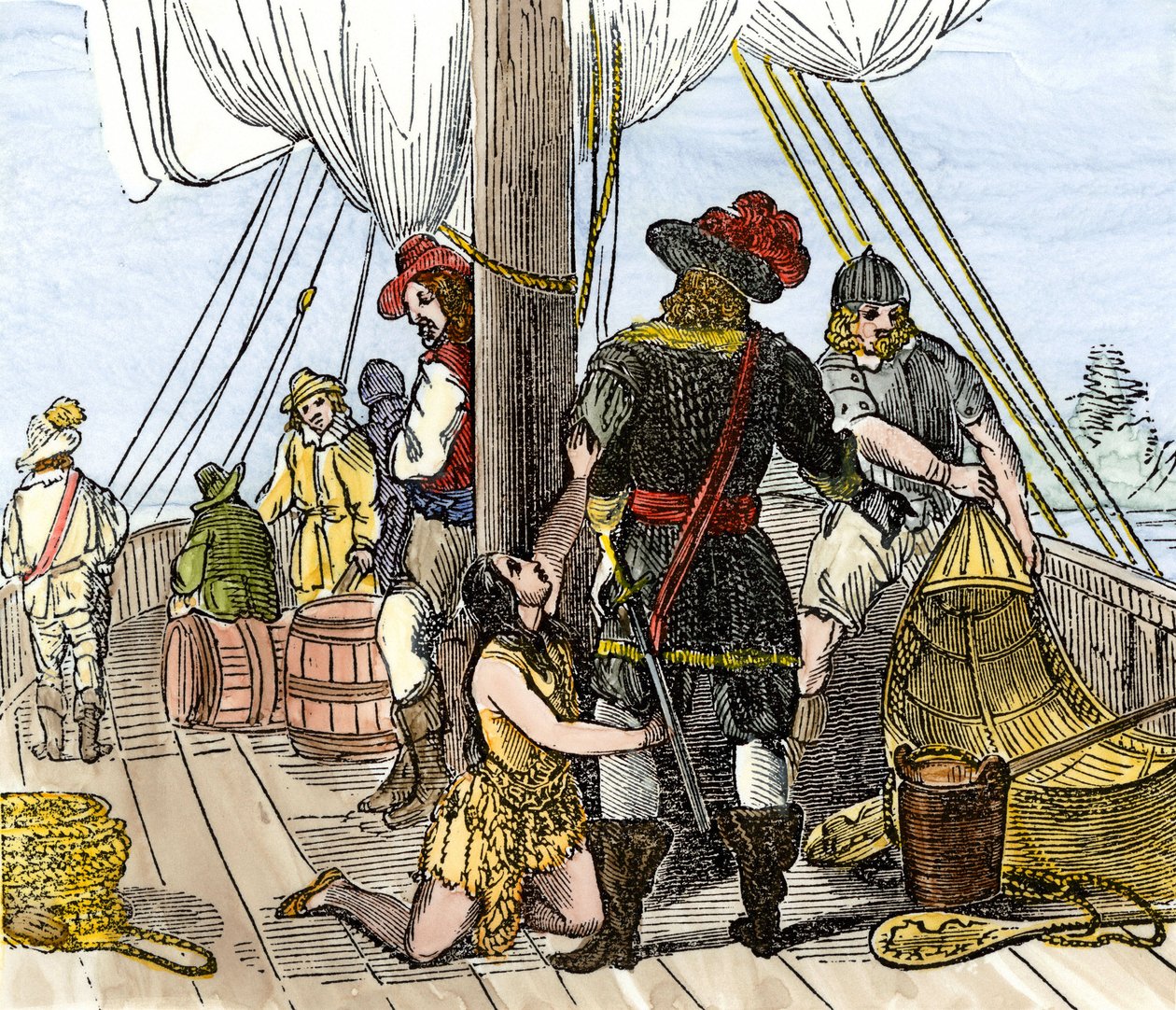 Původní obyvatelstvo Ameriky: Indiáni. Pocahontas zajatá na palubě jamestownské lodi. Barevná rytina z 19. století. od Unbekannter Künstler