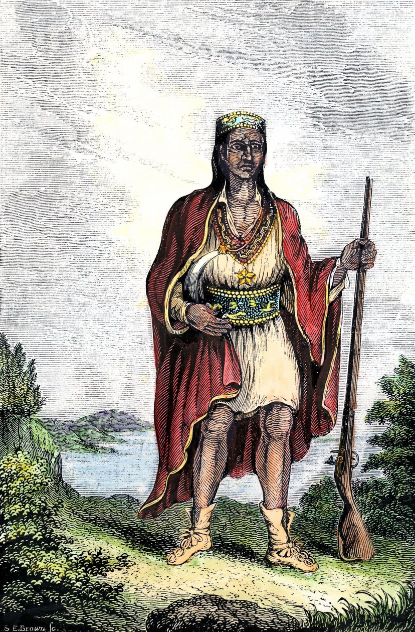 Původní obyvatelstvo Ameriky: Indiáni Spojených států. Metacomet (asi 1639-1676), známý také jako král Filip nebo Metacom, náčelník kmene Wampanoag (Massachusetts, Nová Anglie). Barevná rytina. od Unbekannter Künstler