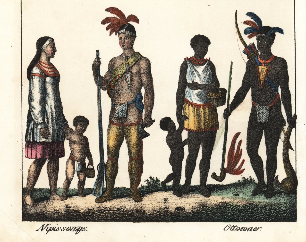 Původní obyvatelé Kanady: rodina indiánů z jezera Nipissing a rodina indiánů z oblasti Ottawy. Litografie pro knihu: (1785-1863), Mei: "Galerie complete en tableaux fideles des peuples d