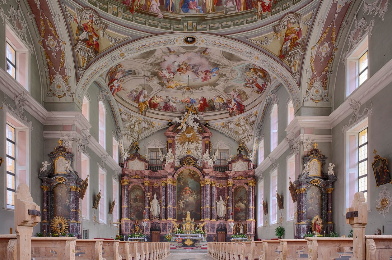 Loď, oltář, nástropní malba, fotografie interiéru, katolický farní kostel sv. Jiří, Neustift, údolí Stubai, Tyrolsko, Rakousko, Evropa (foto) od Unbekannter Künstler