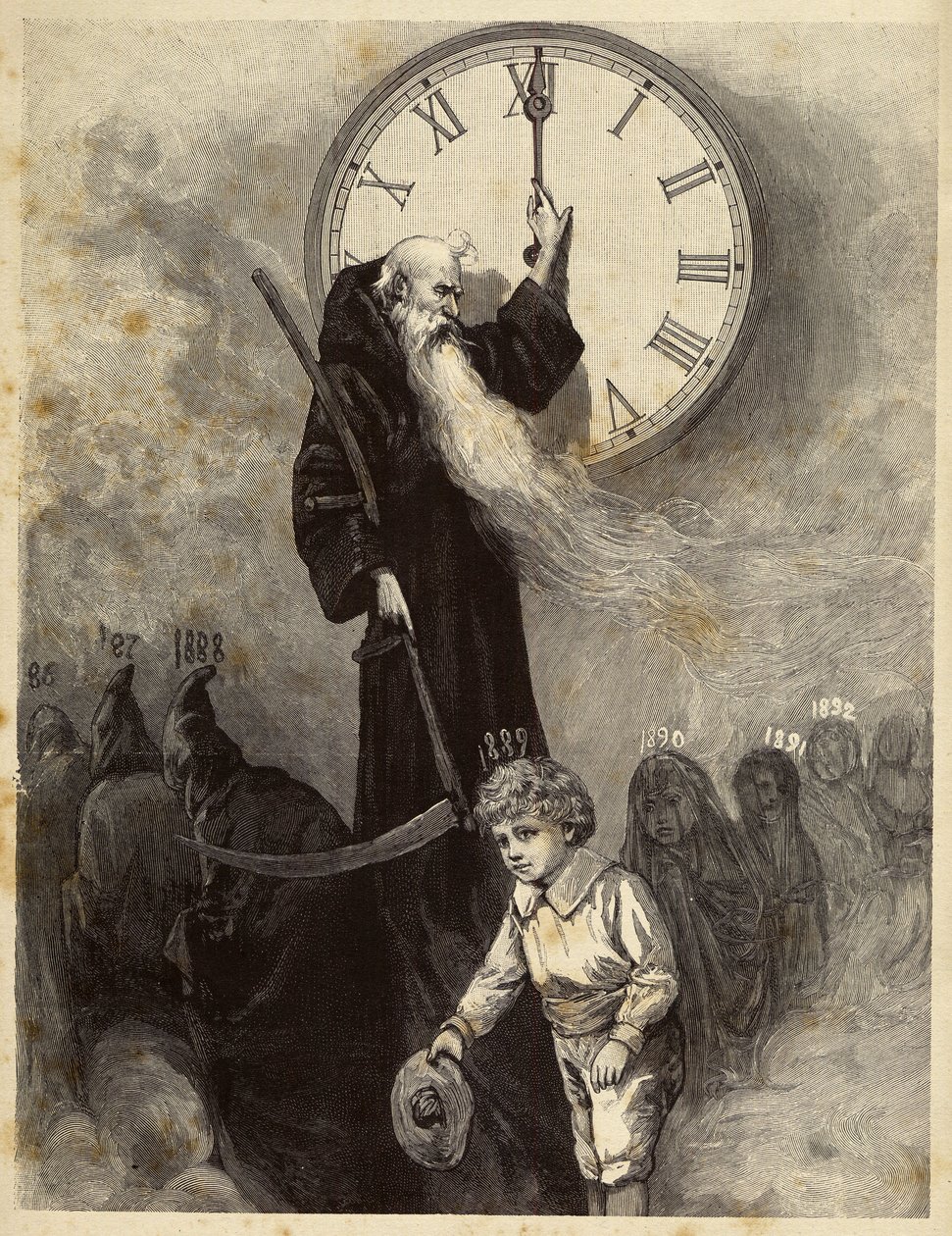Novoroční alegorie 1889 zobrazující starou klenbu symbolizující starý rok, která ustupuje usmívajícímu se malému chlapci symbolizujícímu nový rok. Čas se na výjev dívá otáčením ručiček hodin. Rytina z 19. století od Unbekannter Künstler