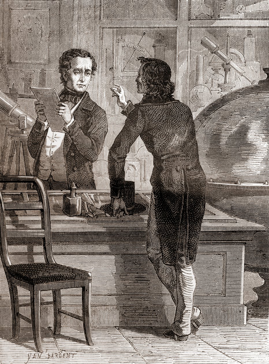 Nicéphore Niépce, i když je stále neznámý a chudý, v obchodě s optikou a přístroji Charlese Chevaliera, z Les Merveilles de la Science, vydáno kolem roku 1870 (rytina) od Unbekannt