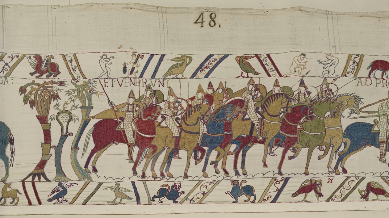 Normanští vojáci opouštějící Hastings bojovat s Haroldem, Bayeux Tapestry (vlněná výšivka na plátně) od Unbekannt