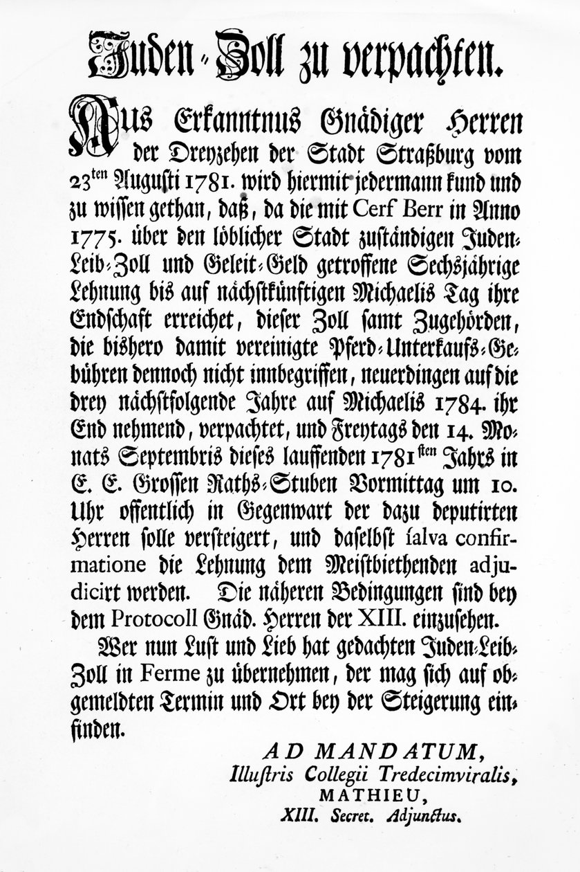 Oznámení štrasburského správního orgánu Třináctky (Tredecim Viri) o veřejné dražbě práva vybírat „Juden Zoll“ po dobu 3 let od Unbekannt