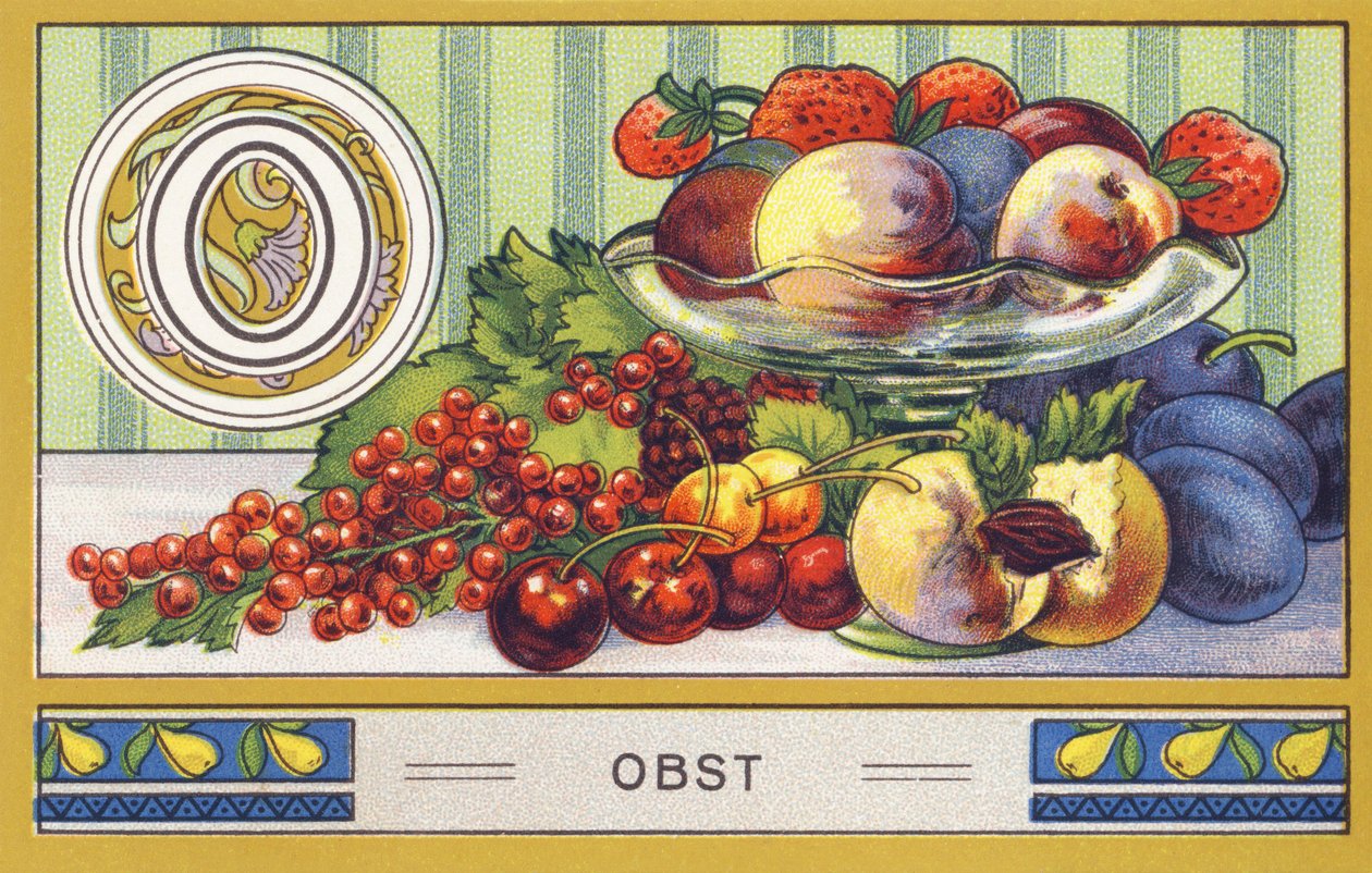 O : Obst - Abeceda Palmin. Serie de chromolithographies editees par H. Schlinck & Cie, Hamburg, s. d. . Propagujte Palmin feinstes Cocosfett. Rozměry: 7 x 11 cm od William M. Timlin