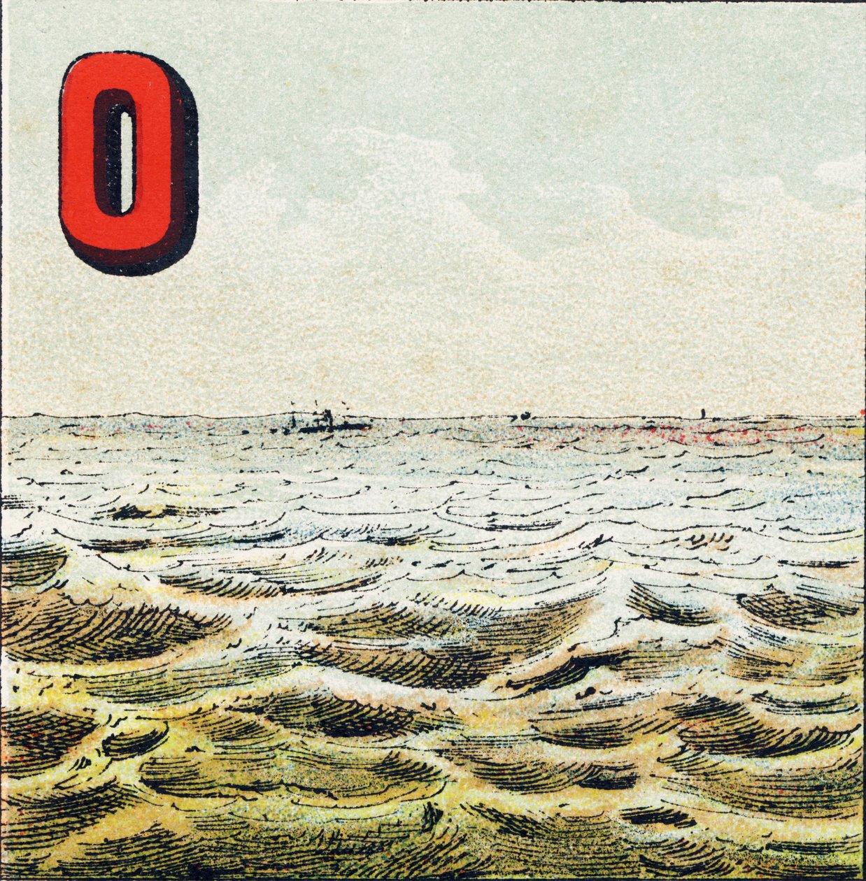 O: Oceán. Nezměrná vodní plocha, která obklopuje Zemi. Voda oceánu je slaná; ten muž to nemůže pít - Rytina extrahovaná z Geographical Alphabet. Guerin-Muller et Cie, nakladatelství, Paříž od Unbekannt