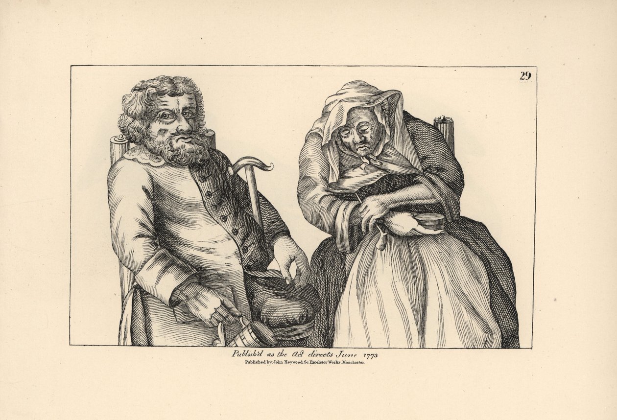 Starý Darby s prázdnou cisternou a Joan s dýmkou. Mědirytina podle satirické ilustrace Timothyho Bobbina (Johna Colliera) (1708-1786) z knihy Human Passions Delineated, John Haywood, Manchester. od Unbekannter Künstler