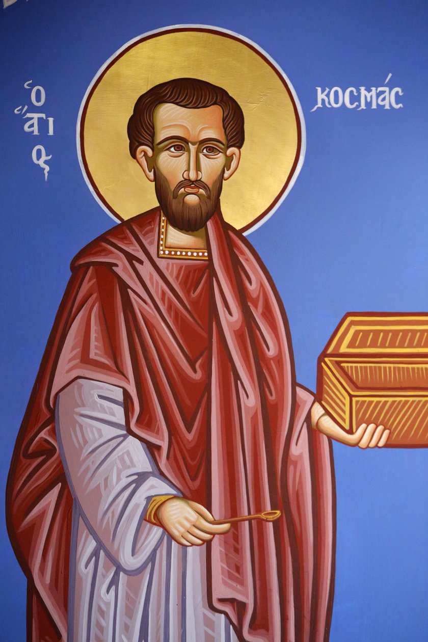 Pravoslavná církev v Pedoulas, Kypr. Freska Saint Cosmas, 20150510, Pedoulas, Kypr od Unbekannt