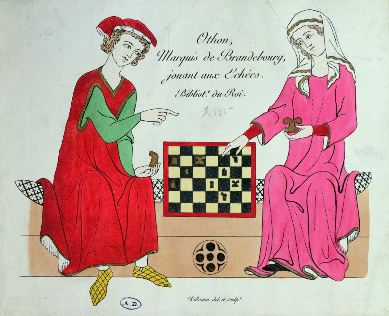 Otto IV, markýz Braniborský, hrající šachy s dámou, ilustrace z faksimile Kodexu Manesse nebo Grosse Heidelberger Liederhandschrift, vyrobený v Zuerichu kolem 1305-40 (barevné lito) od Unbekannt