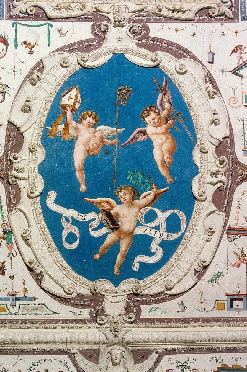 Ovál zobrazující tři putti (1560), detail stropu Hall of Grotesques, hrad Della Manta, Manta (Cuneo), Piemont, Itálie od William M. Timlin
