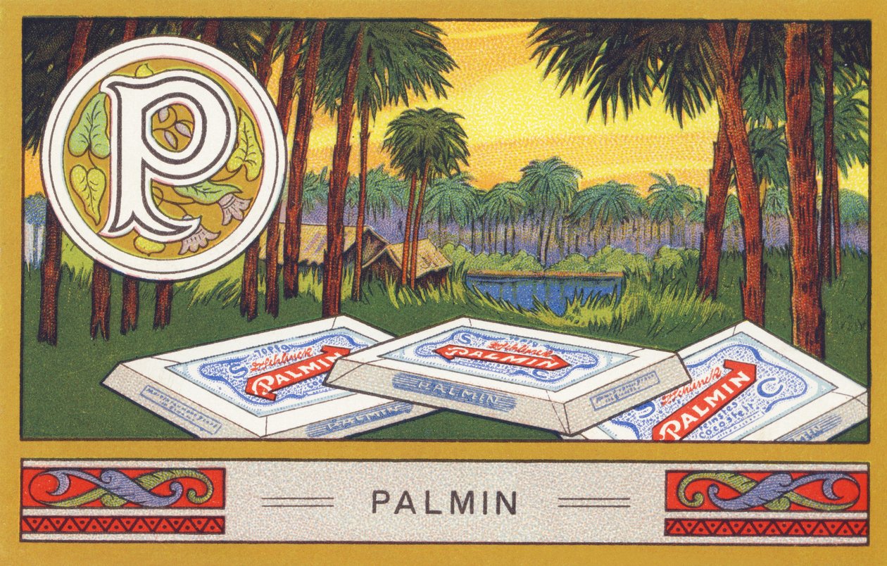 P : Palmin - Abeceda Palmin. Serie de chromolithographies editees par H. Schlinck & Cie, Hamburg, s. d. . Propagujte Palmin feinstes Cocosfett. Rozměry: 7 x 11 cm od William M. Timlin