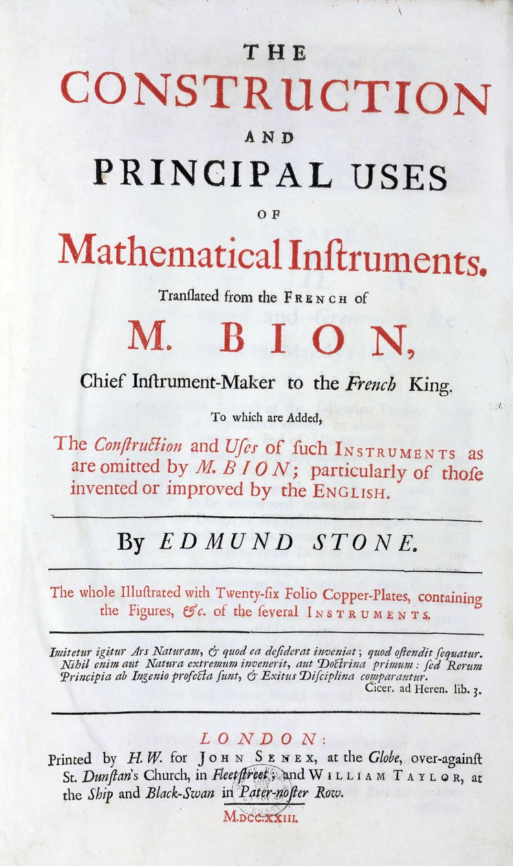 Titulní strana knihy Nicolase Biona (1652-1933) o matematických přístrojích, anglický překlad, s dodatkem „Anglická vylepšení“, publikované v Londýně v roce 1723 od Unbekannt