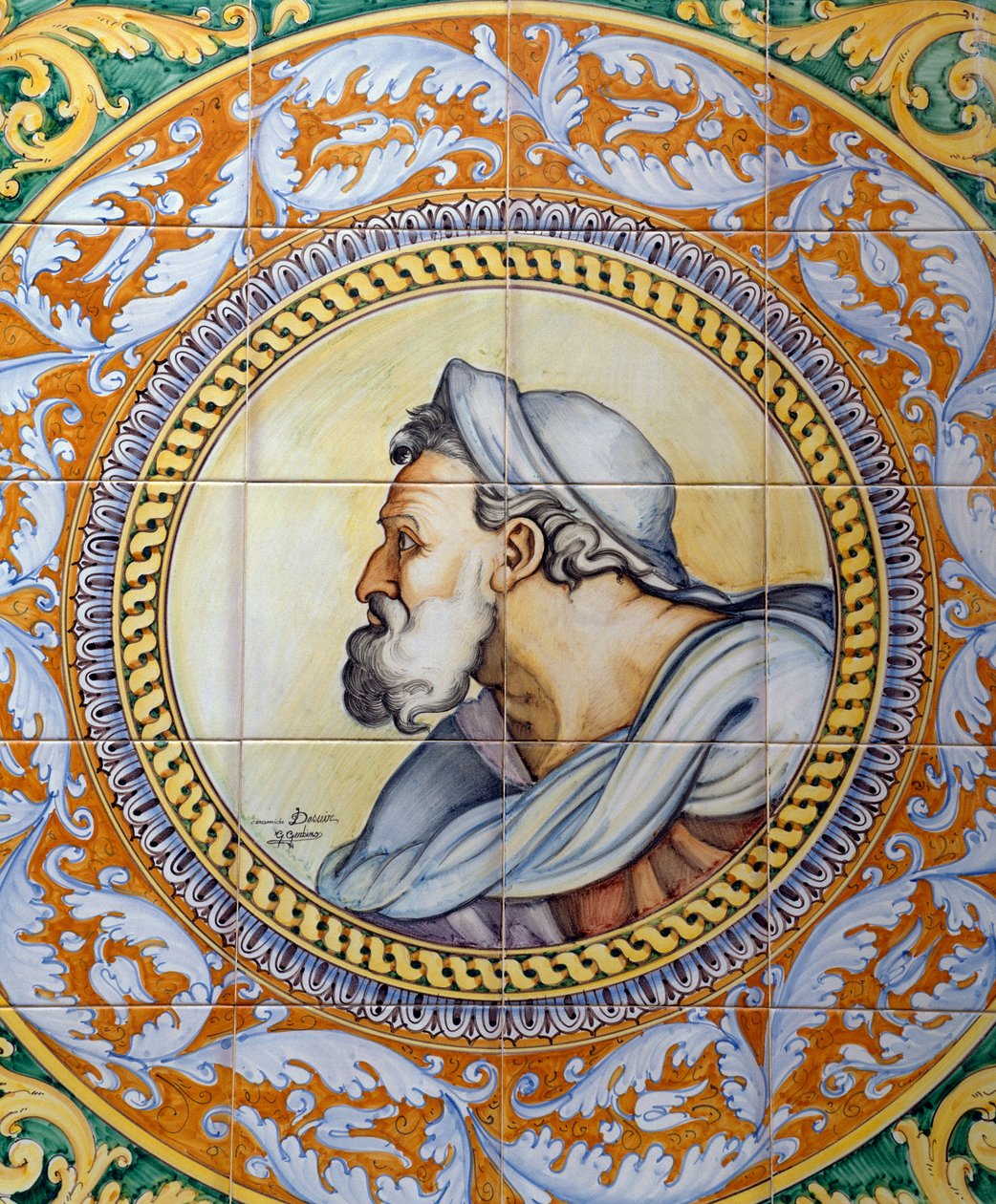 Malovaná deska z maiolky zobrazující hlavu starého muže ve stylu Michelangela, výrobce Ceramiche Desuir, Santo Stefano di Camastra, Sicílie, Itálie, Detail od William M. Timlin