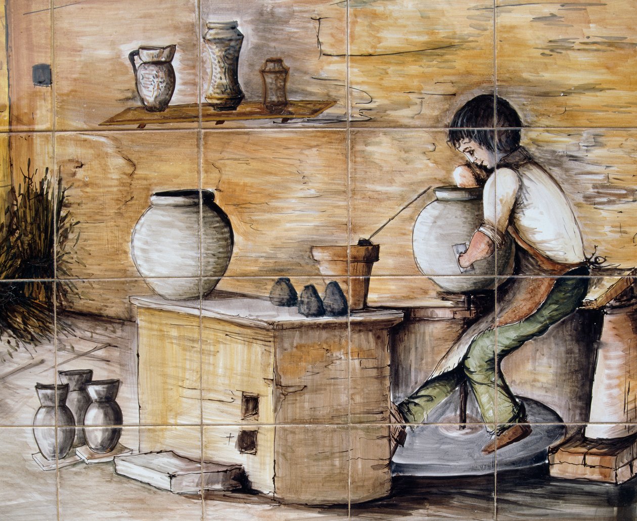 Malovaný panel z maioliky zobrazující scénu výroby keramiky, ručně vyrobený Ceramiche Desuir, Santo Stefano di Camastra, Sicílie, Itálie, Detail od William M. Timlin