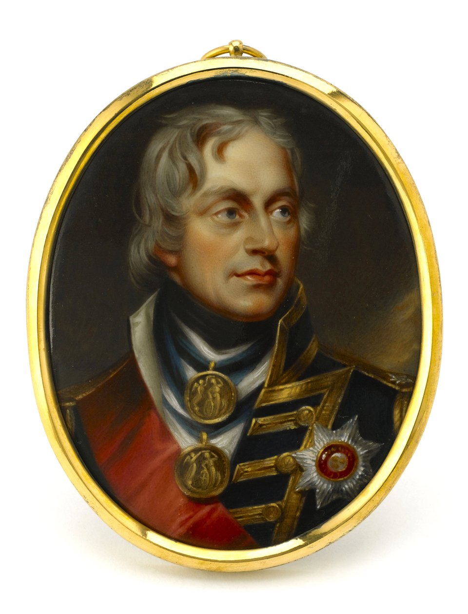 Malovaná miniatura představující viceadmirála Horatia Nelsona (1758-1805). Osazeno na měděném a smaltovaném přívěsku, počátek 19. století, portrét Henryho Pierce Bonea (1779-1855). od Unbekannter Künstler