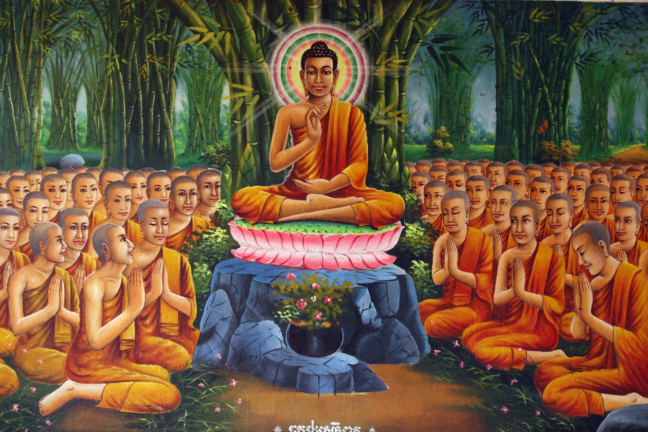 Obraz zobrazující Buddhovo učení mnichům Udong Cambodge od Unbekannt