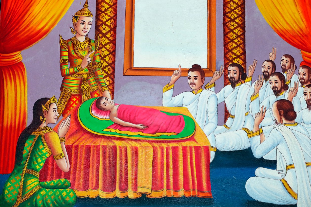 Obraz zobrazující životní příběh Buddhy Šákjamuniho. Buddha jako dítě. Kep. Kambodža. (fotografie) od Unbekannt