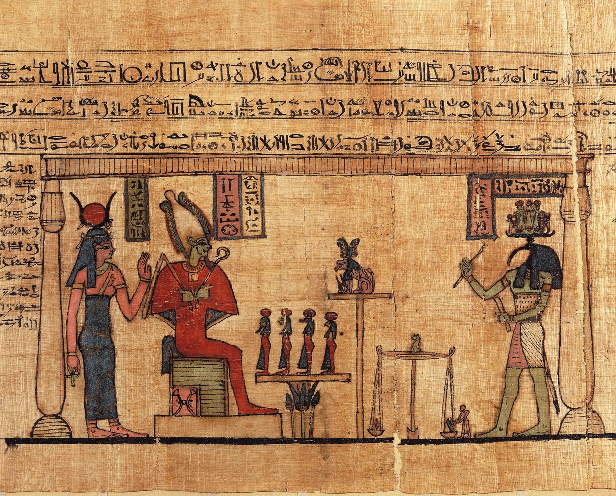 Papyrus z První knihy dýchání Ousirour, Thoth vážil duši Ousirour před Isis a Osiris od Alec Hunter