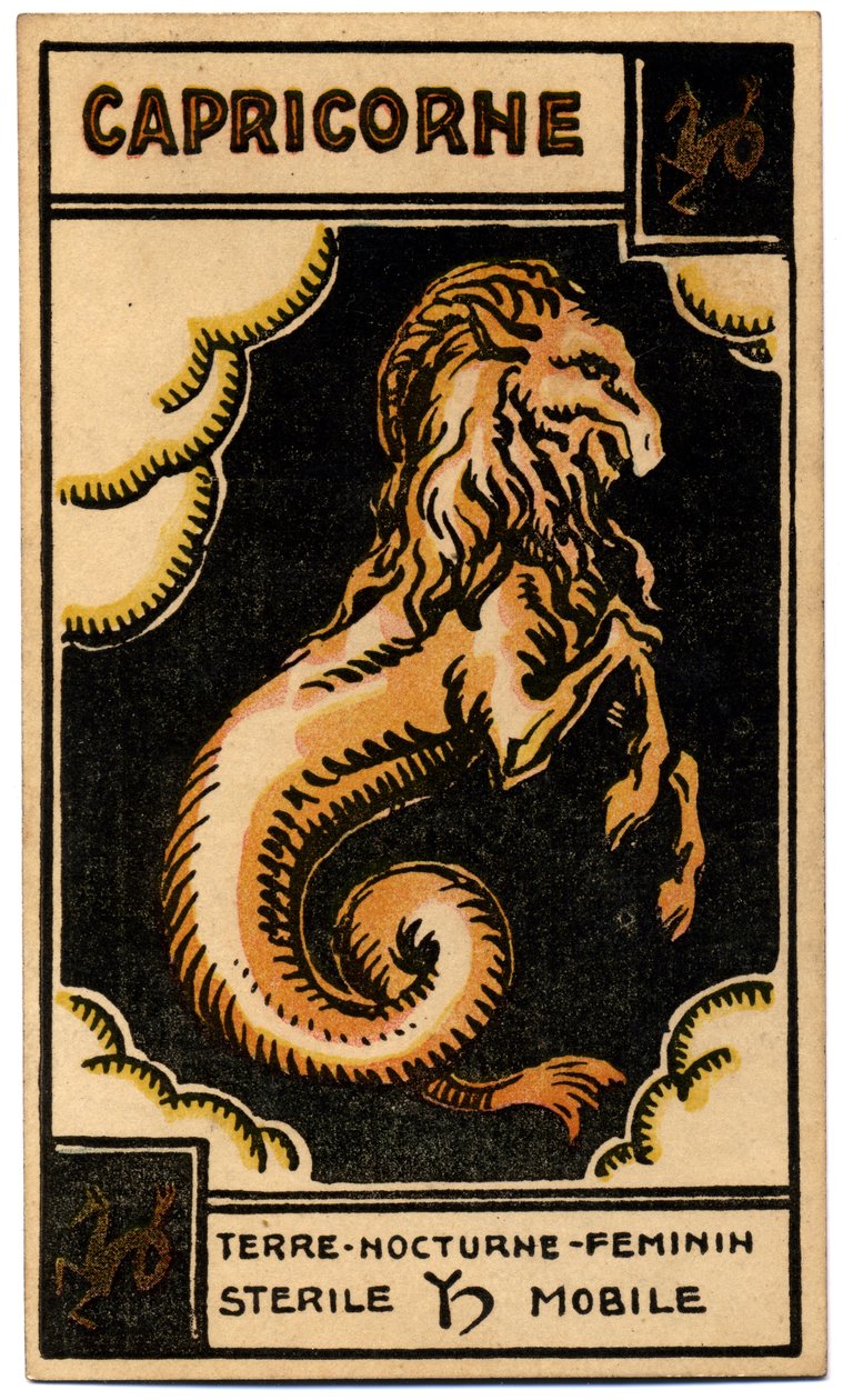 Paranormální. Astrologie. Kozoroh (The Sea Got). Astrologická karta od: Le Tarot Astrologique (Astrologický tarot), Georges Muchery, Francie od Unbekannter Künstler