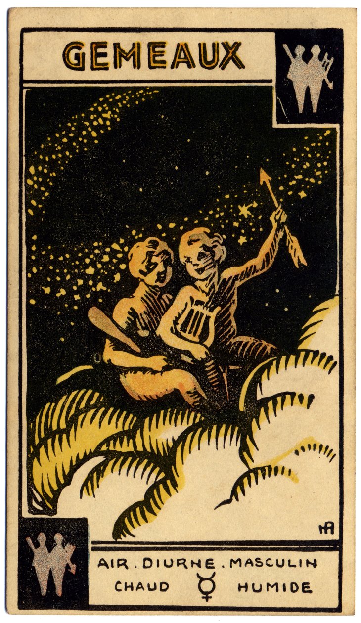 Paranormální. Astrologie. Blíženci (dvojčata). Astrologická karta od: Le Tarot Astrologique (Astrologický tarot), Georges Muchery, Francie od Unbekannter Künstler