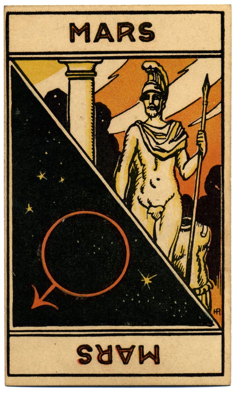 Paranormální. Astrologie. Mars (planeta). Astrologická karta od: Le Tarot Astrologique (Astrologický tarot), Georges Muchery, Francie od Unbekannter Künstler