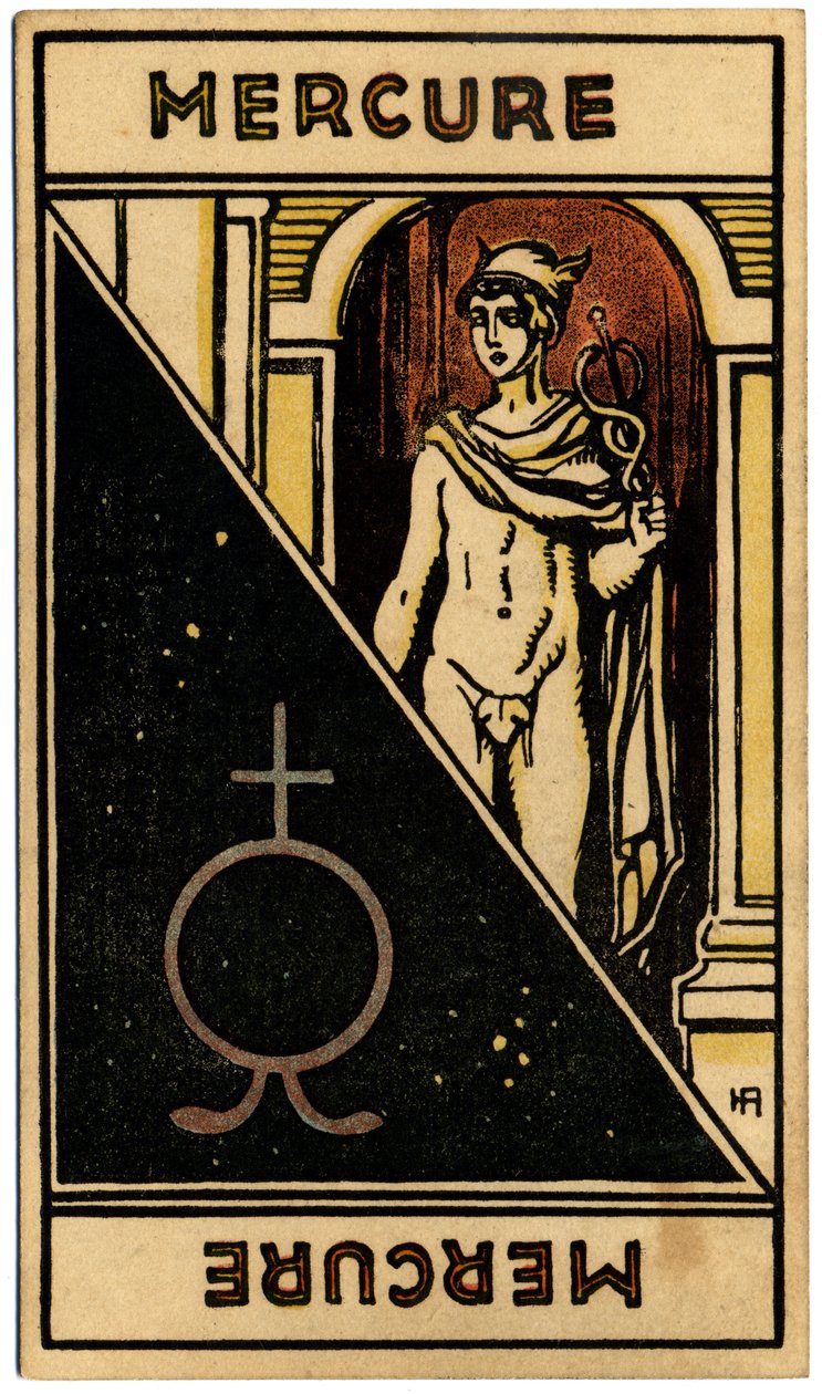 Paranormální. Astrologie. Merkur (planeta). Astrologická karta od: Le Tarot Astrologique (Astrologický tarot), Georges Muchery, Francie od Unbekannter Künstler